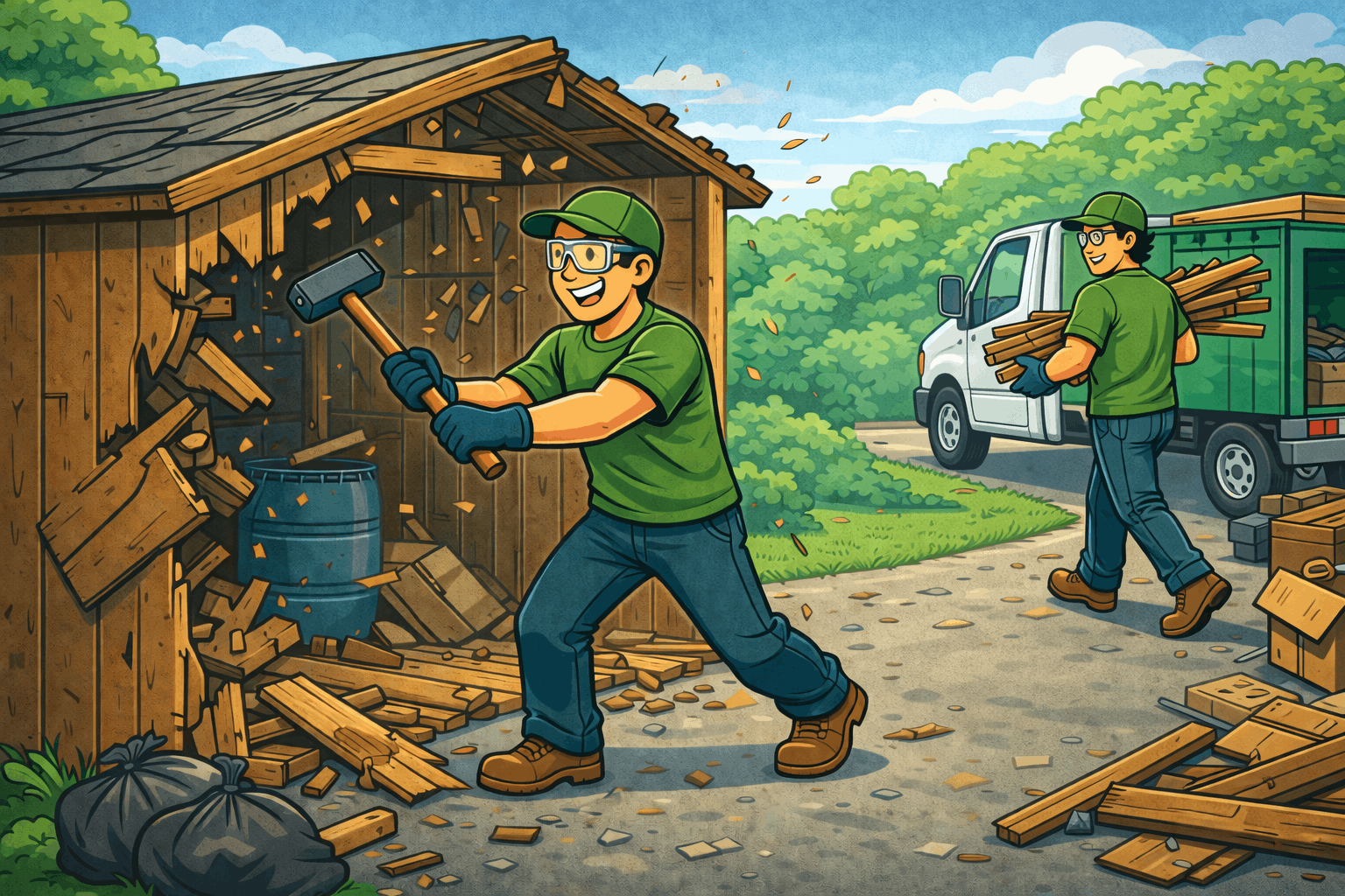 Crew demolishing a shed