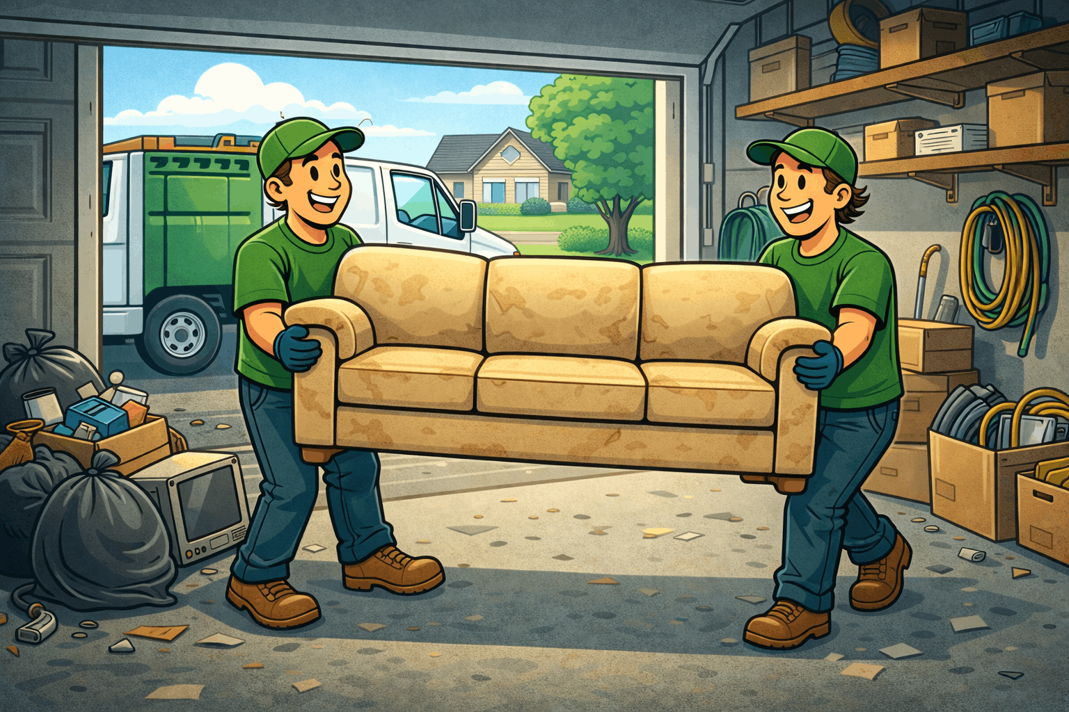 Two crew members carrying a couch out of a garage
